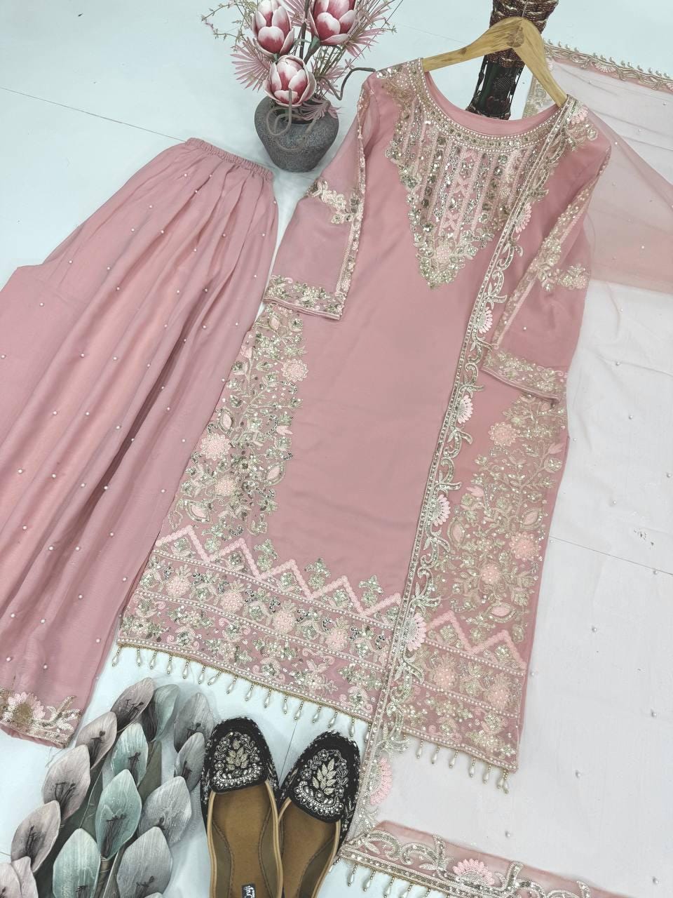 Soft Georgette Pink Suit Kurta & Palazzo Set With Matching Dupatta