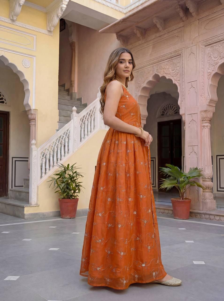 Designer Orange Silk Embroidery Sequence Work Anarkali - Indian Wedding Gown