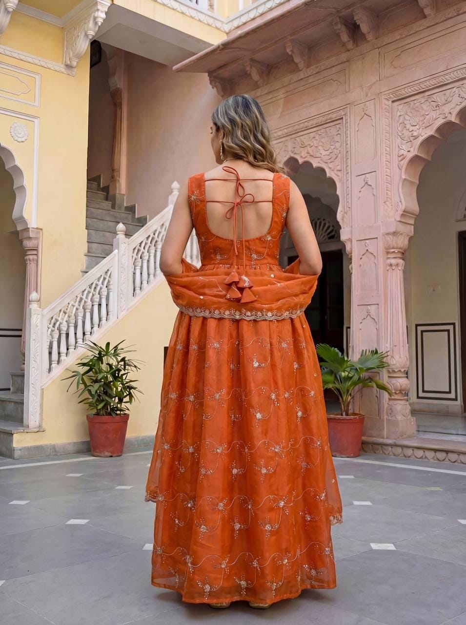 Designer Orange Silk Embroidery Sequence Work Anarkali - Indian Wedding Gown