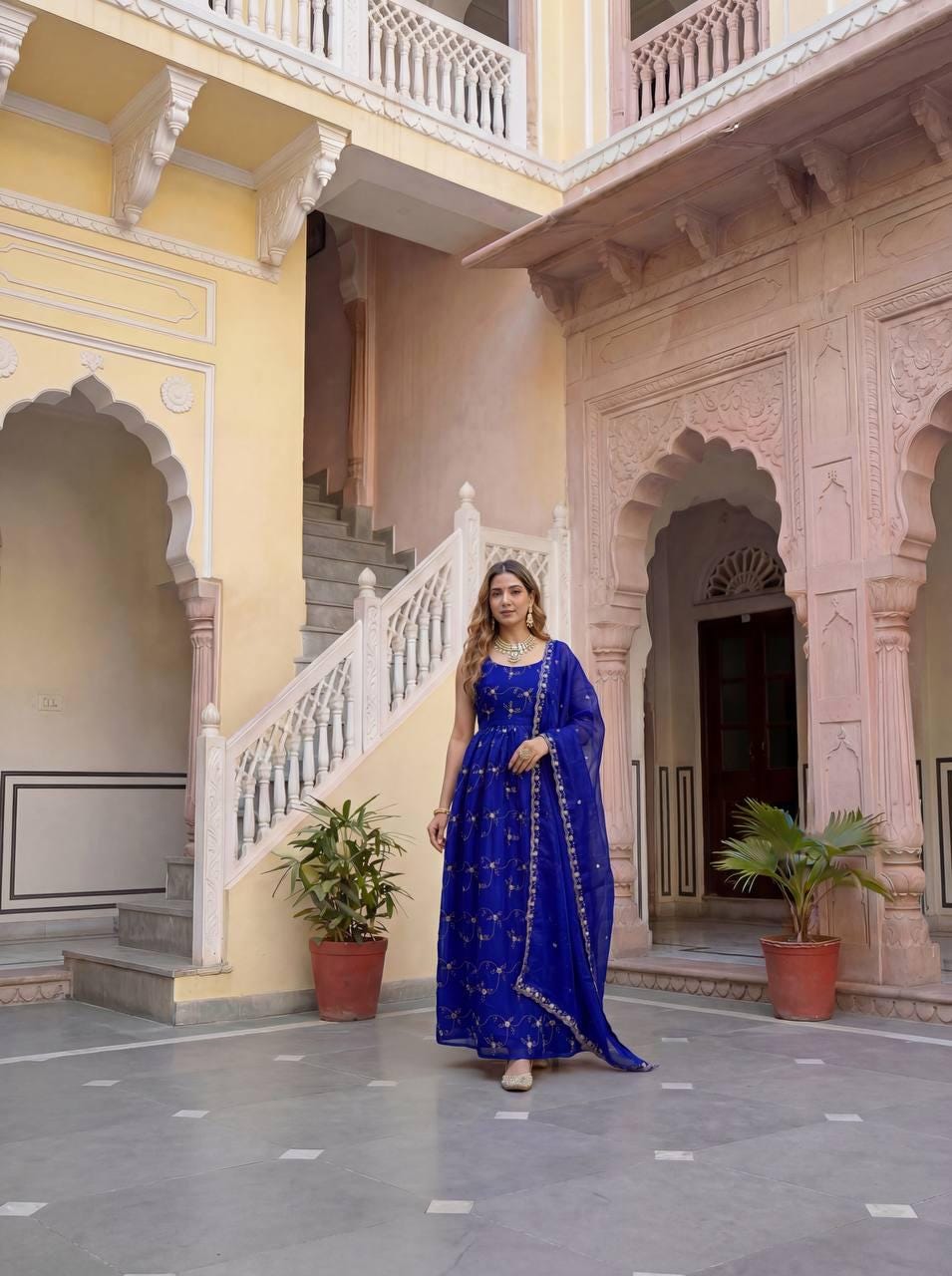 Designer Royal Blue Silk Floor Length Anarkali Gown - Festive Wear