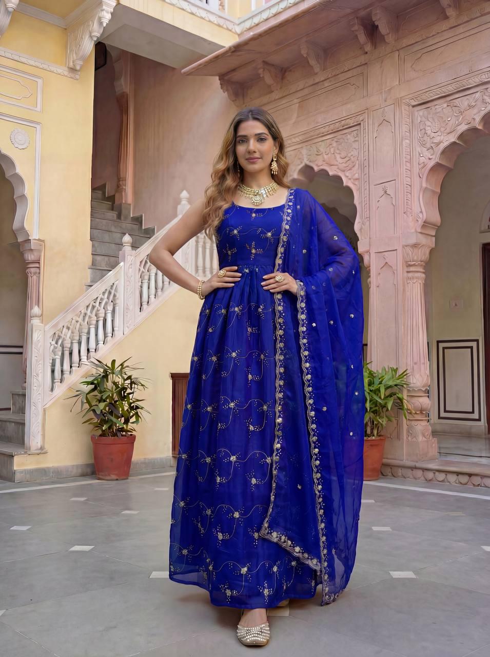 Designer Royal Blue Silk Floor Length Anarkali Gown - Festive Wear