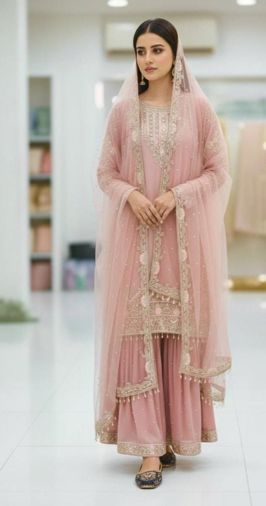Soft Georgette Pink Suit Kurta & Palazzo Set With Matching Dupatta