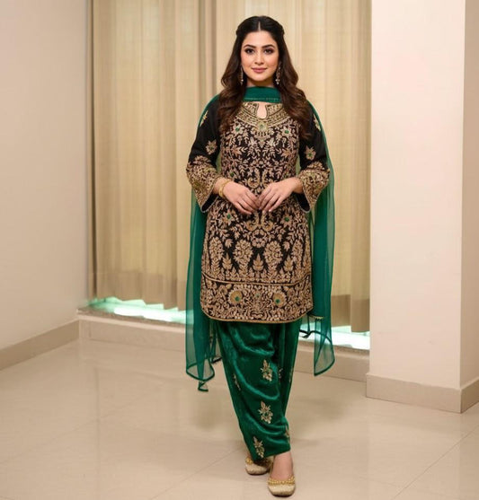 Designer Velvet Kurti Pant Dupatta Set | Sequin Zari Embroidery Work Party Wear