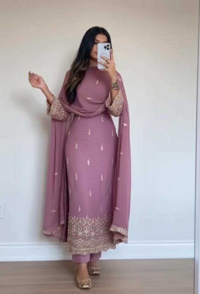 Embroidered Pink Salwar Kameez Suit | Heavy Faux Georgette Pakistani Eid Outfit
