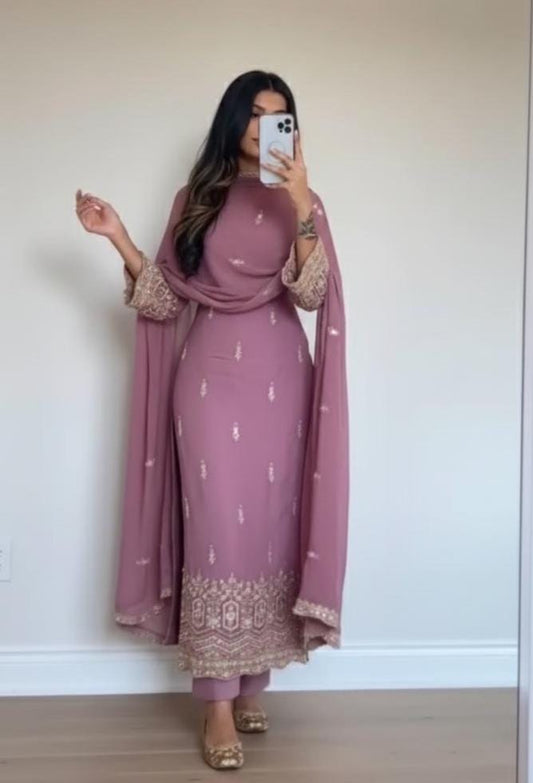 Embroidered Pink Salwar Kameez Suit | Heavy Faux Georgette Pakistani Eid Outfit
