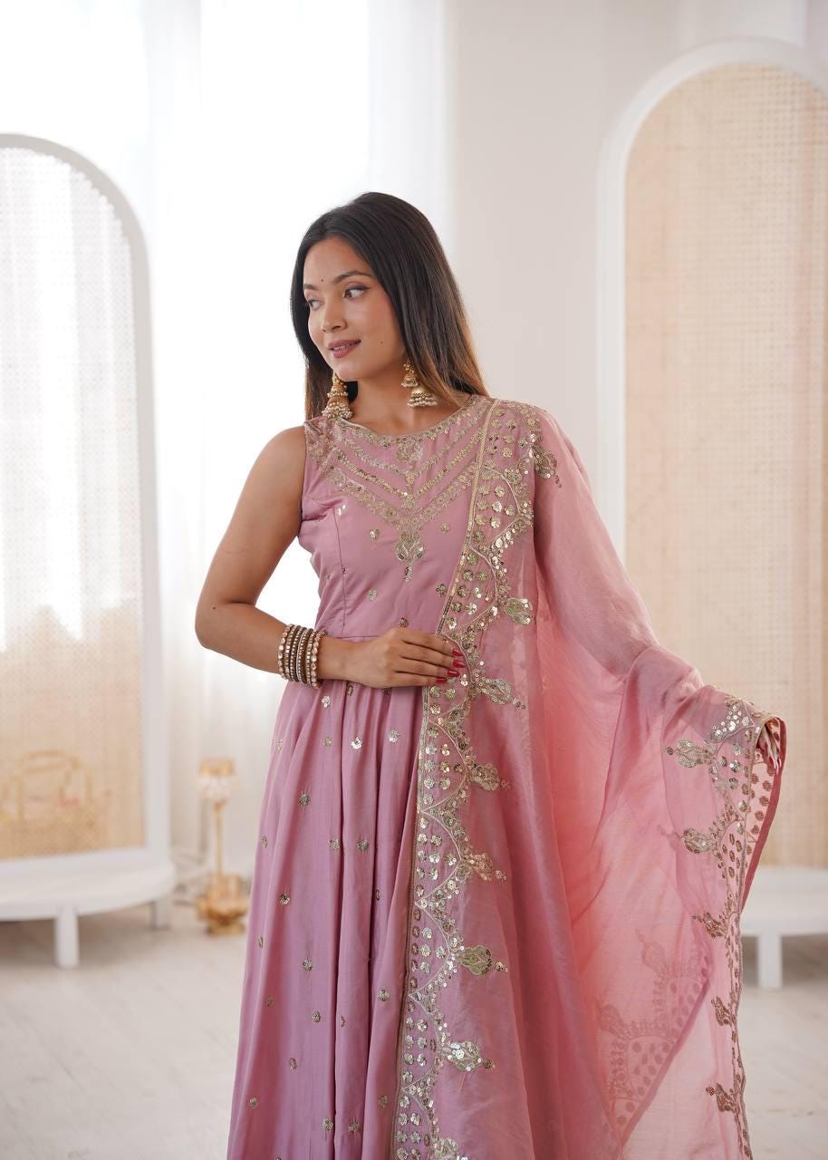 Indian Pink Long Frock With Sequin Embroidery Work , Anarkali suit For Women