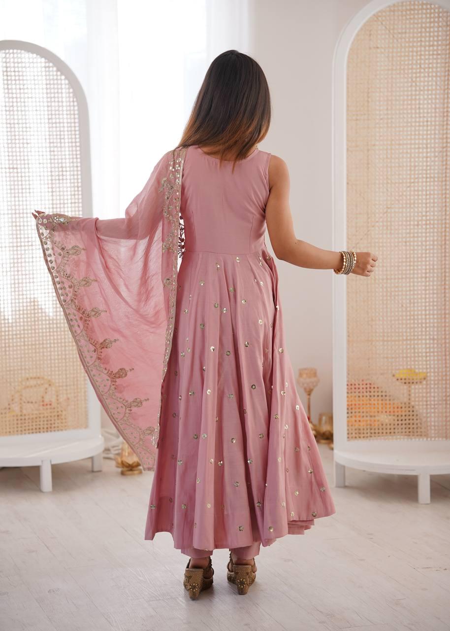 Indian Pink Long Frock With Sequin Embroidery Work , Anarkali suit For Women