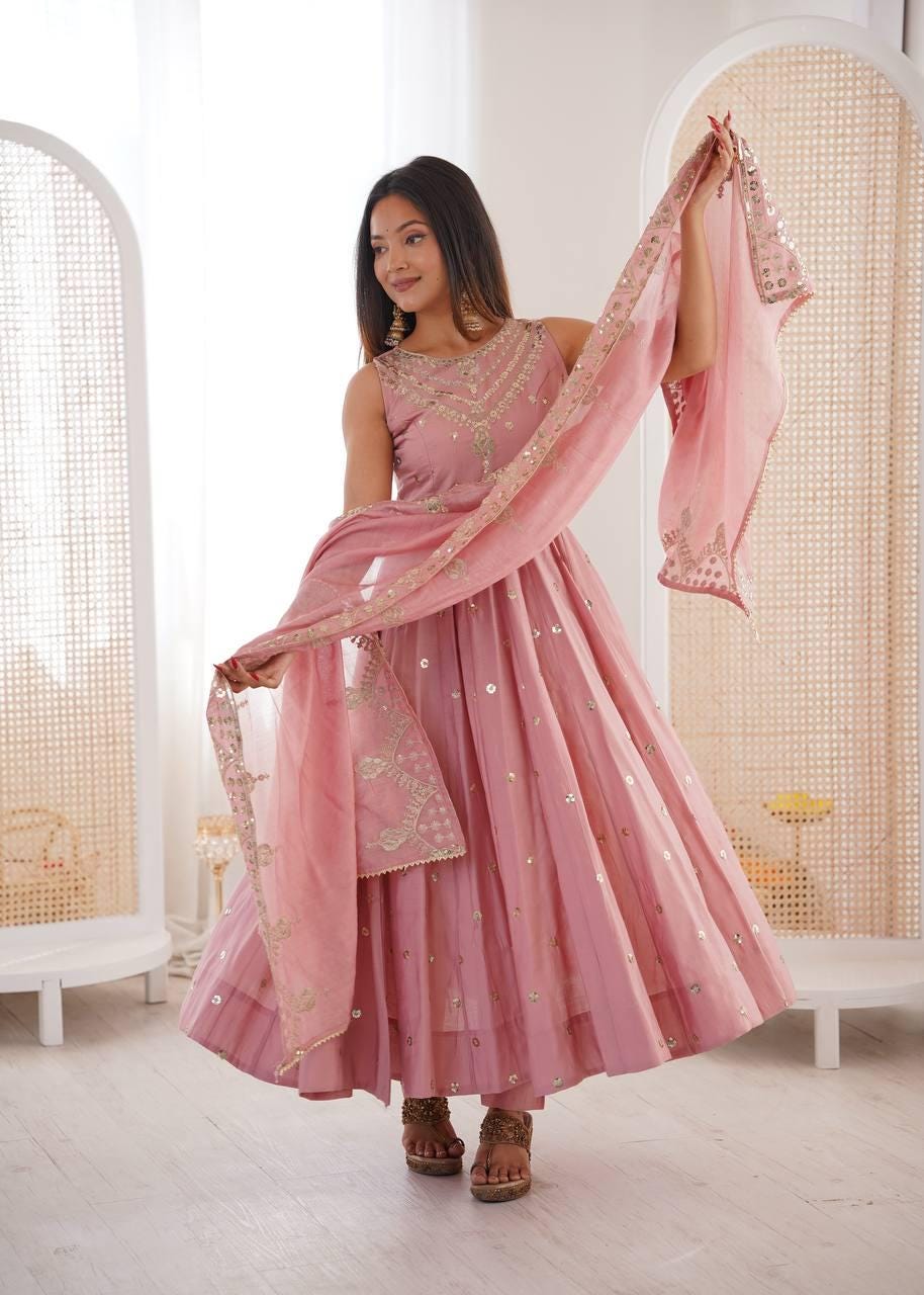 Indian Pink Long Frock With Sequin Embroidery Work , Anarkali suit For Women