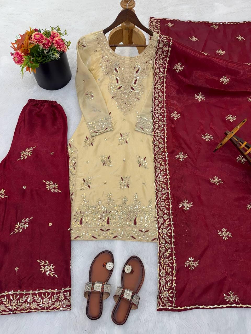 Beige Embroidered Kurta Palazzo Set With Marron Dupatta - pakistani suit