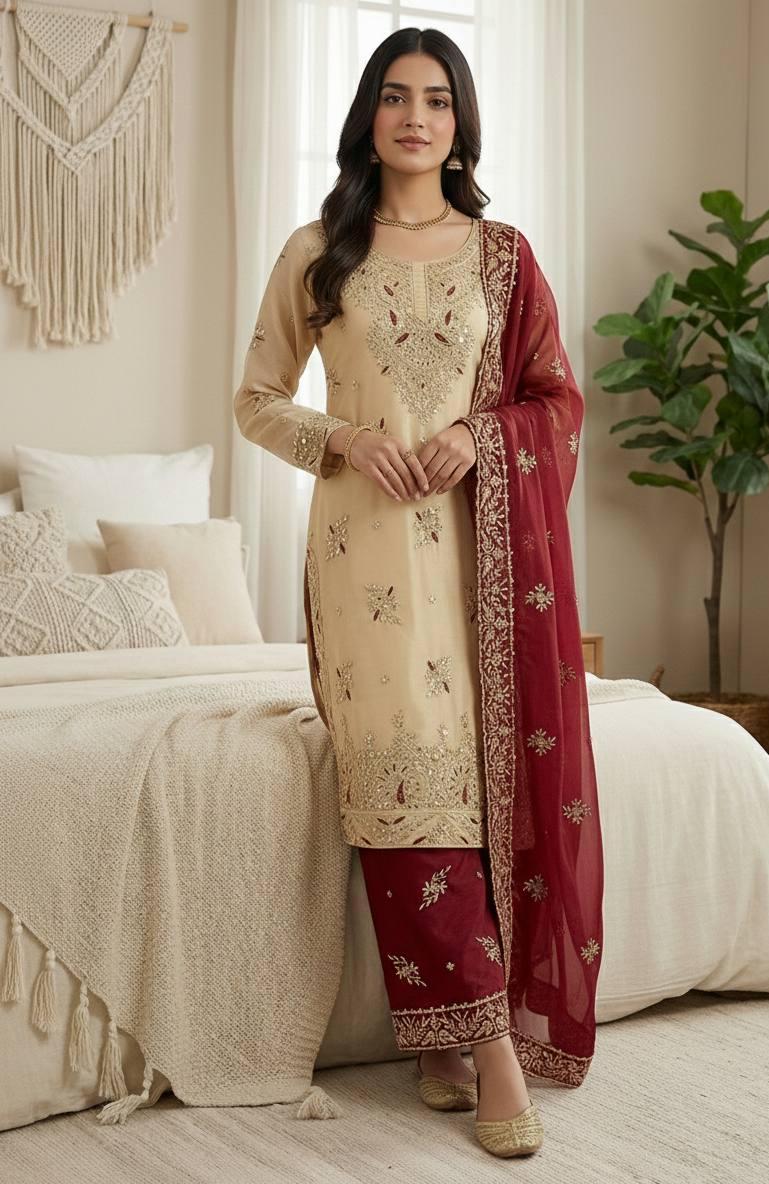 Beige Embroidered Kurta Palazzo Set With Marron Dupatta - pakistani suit