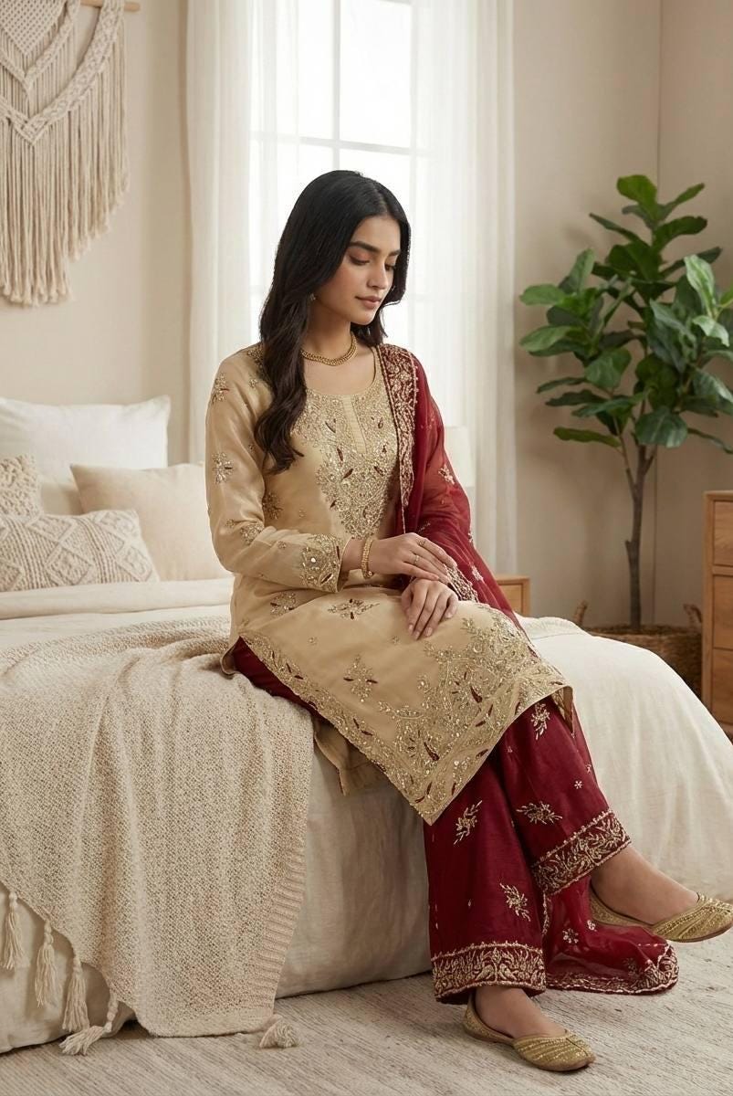 Beige Embroidered Kurta Palazzo Set With Marron Dupatta - pakistani suit