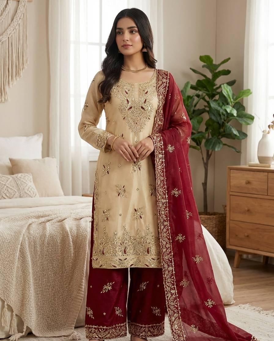 Beige Embroidered Kurta Palazzo Set With Marron Dupatta - pakistani suit