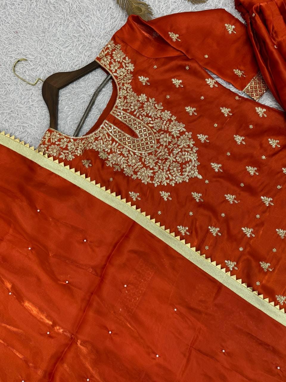 Designer Orange Kurti & Sharara With Matching Dupatta - Gold Embroidered Suit Set