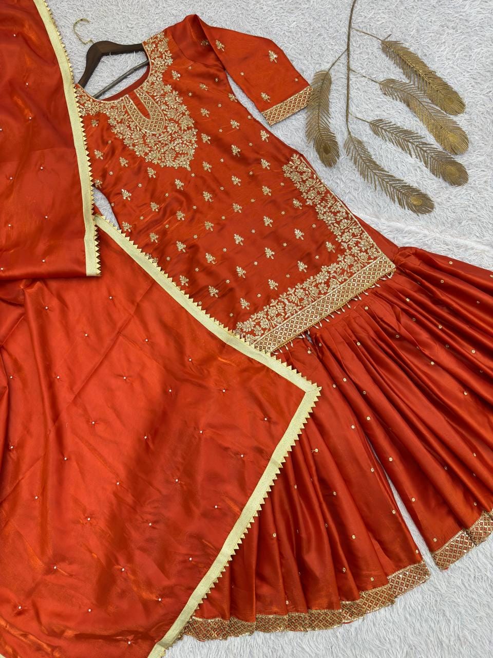 Designer Orange Kurti & Sharara With Matching Dupatta - Gold Embroidered Suit Set