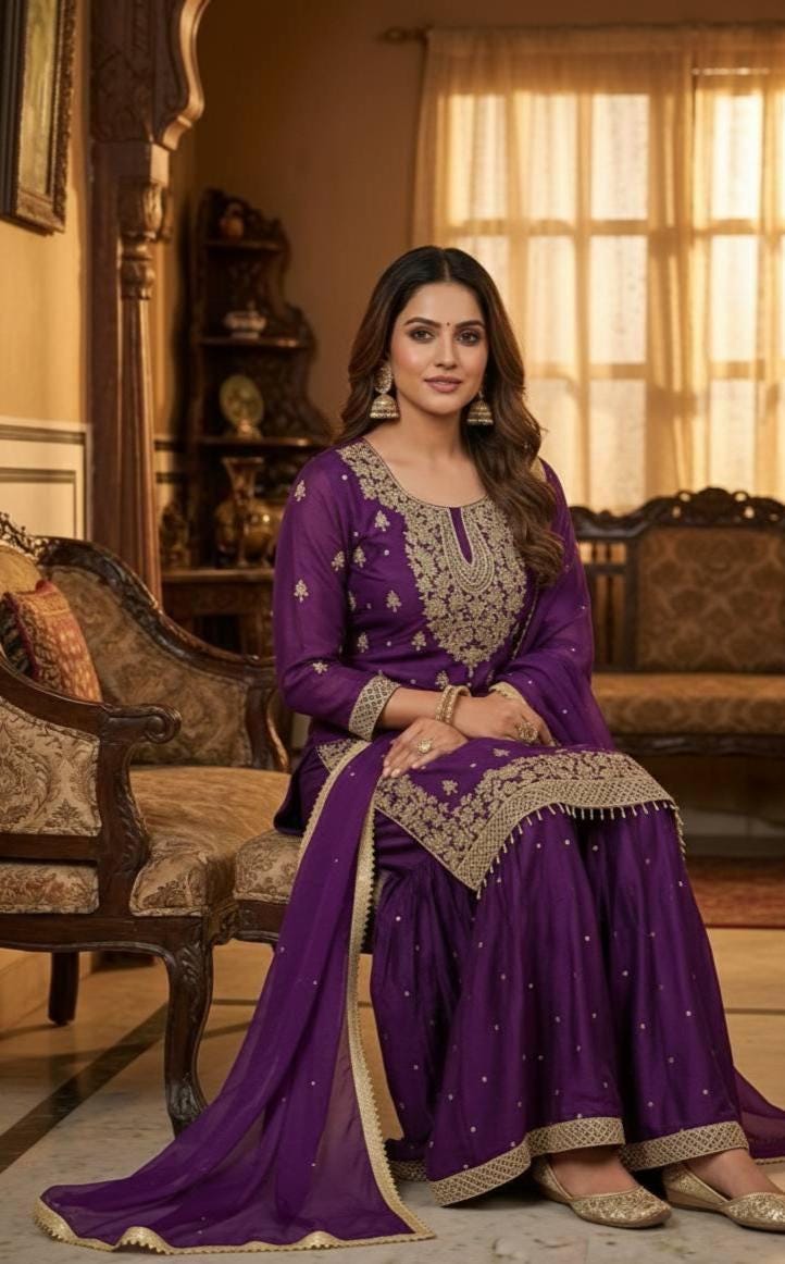 Punjabi Purple Suit Silk Embroidered Top Sharara Dupatta Set - Sharara Set For Wedding