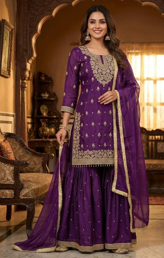 Punjabi Purple Suit Silk Embroidered Top Sharara Dupatta Set - Sharara Set For Wedding