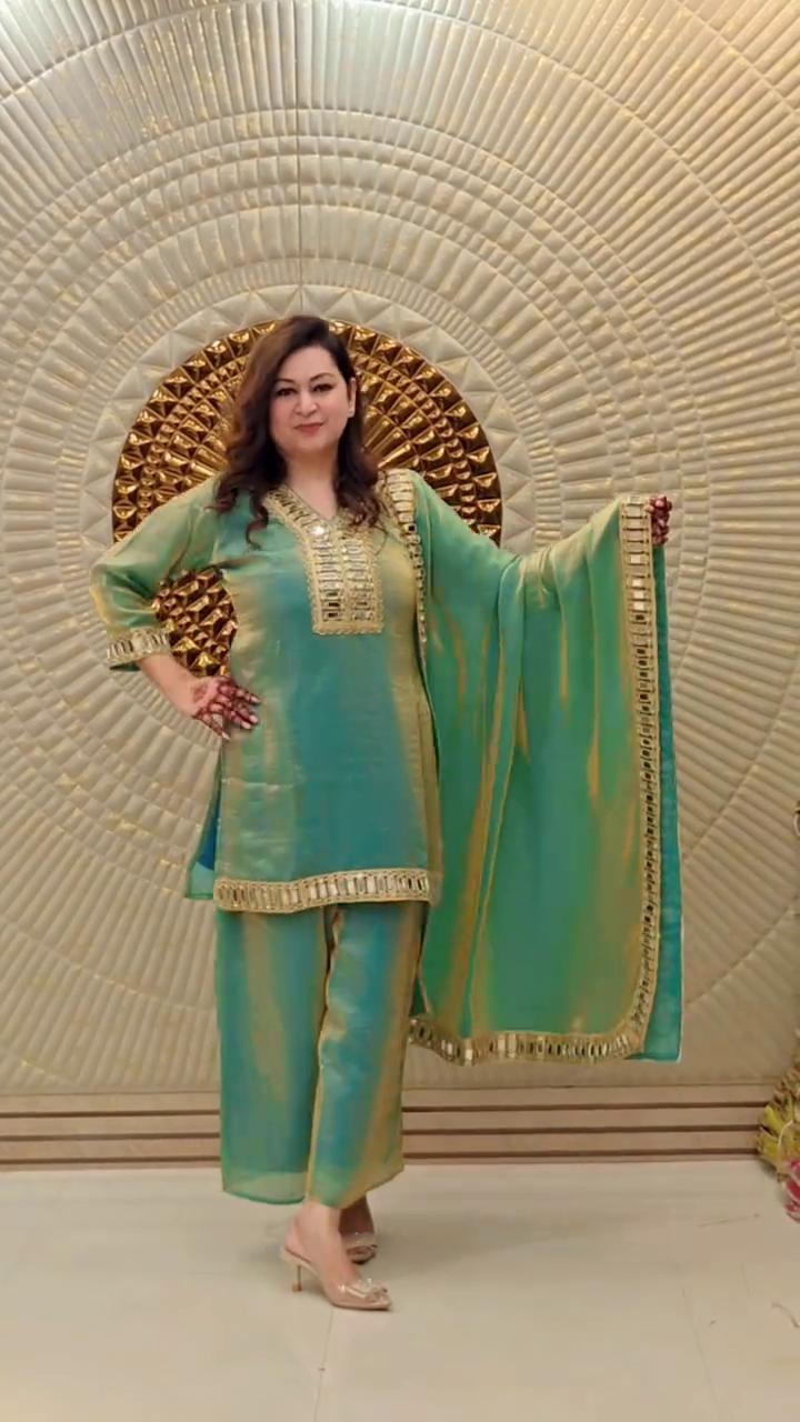 Designer Teal V - Neckline Top & Palazzo With Mirror Work - Festive Wear