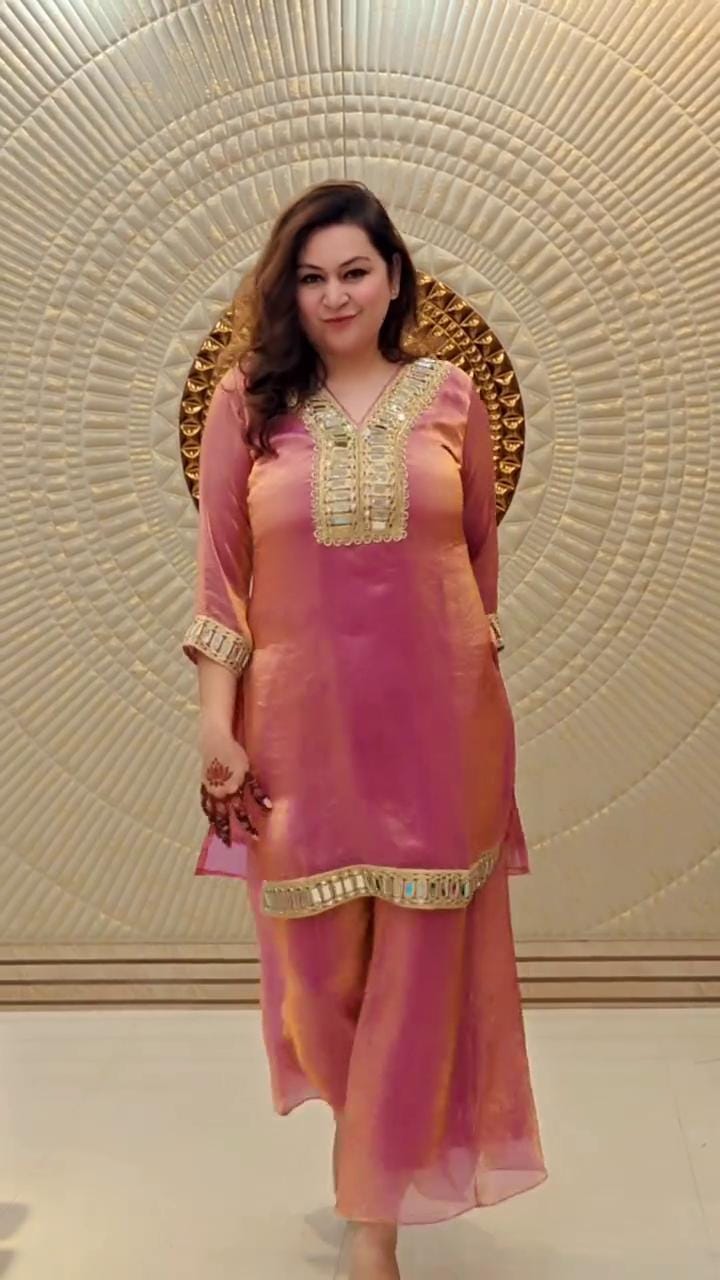 Soft Silk Pink Kurti & Palazzo Set For Women With Real Mirror Work - Designer Suit