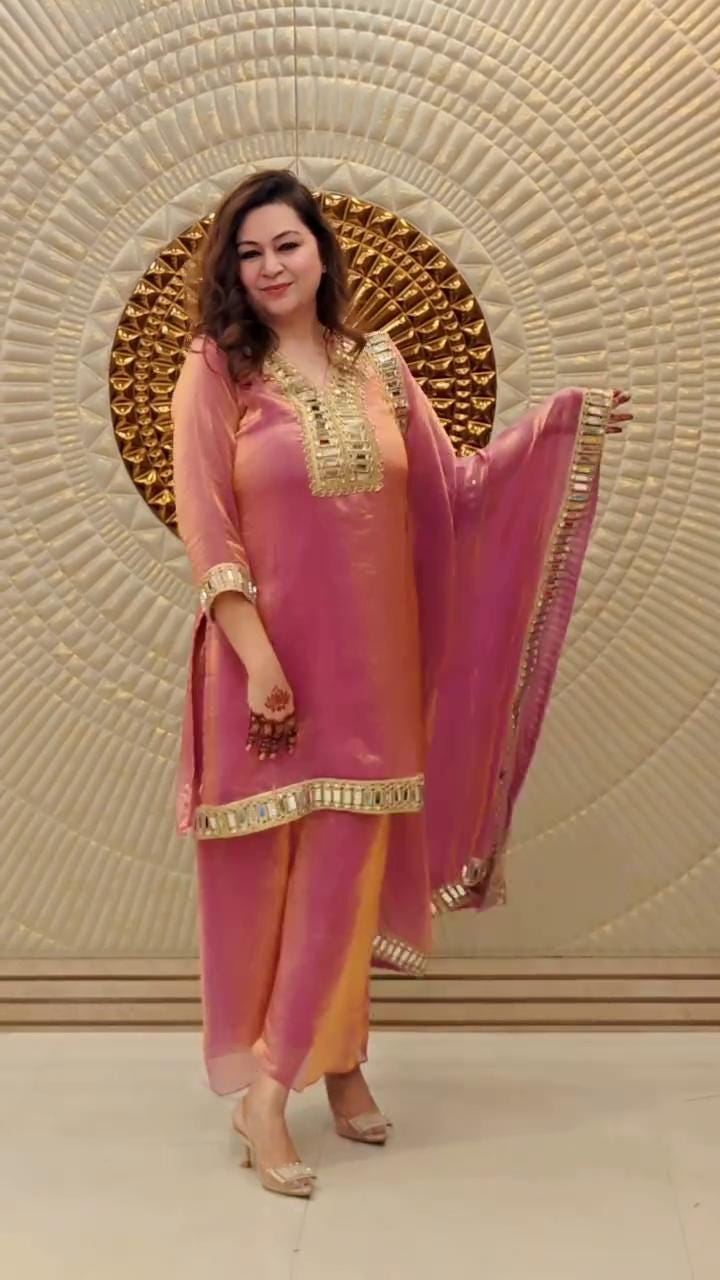 Soft Silk Pink Kurti & Palazzo Set For Women With Real Mirror Work - Designer Suit