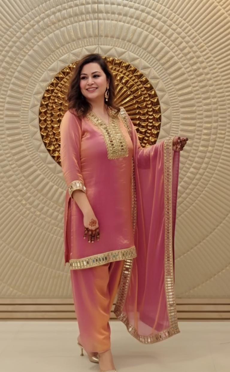 Soft Silk Pink Kurti & Palazzo Set For Women With Real Mirror Work - Designer Suit