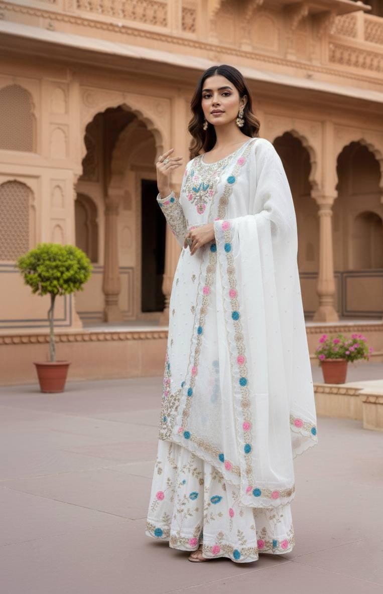 Minimalist White Top & Sharara With Matching Dupatta Suit Set - Ethnic Sharara
