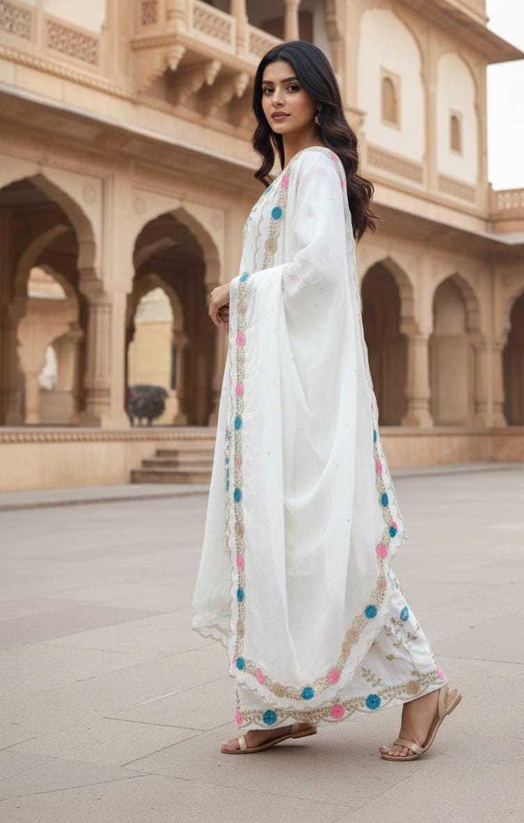 Minimalist White Top & Sharara With Matching Dupatta Suit Set - Ethnic Sharara