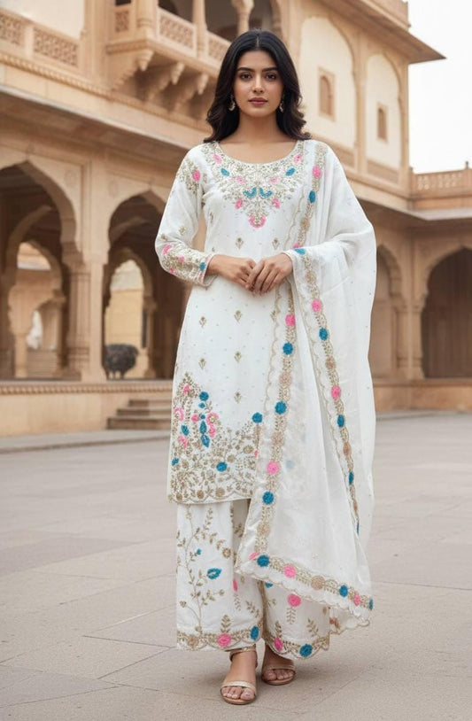 Minimalist White Top & Sharara With Matching Dupatta Suit Set - Ethnic Sharara