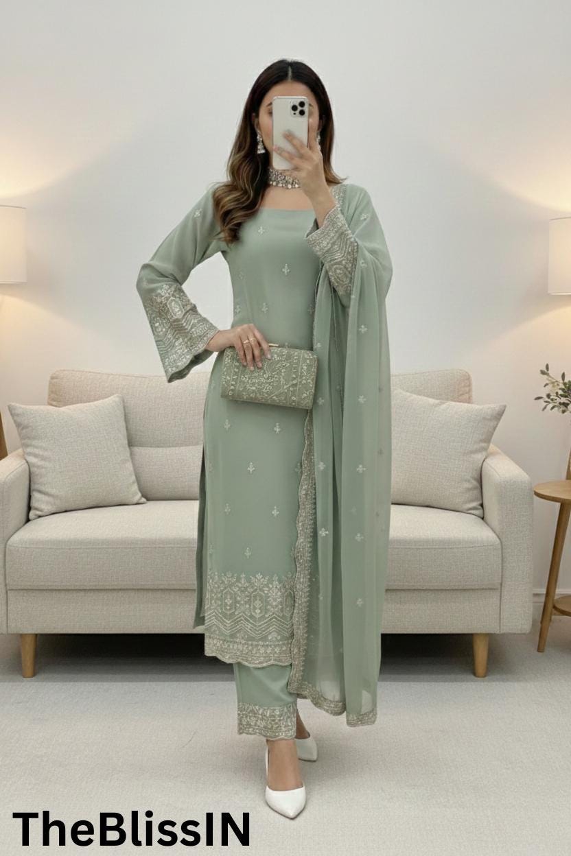 Olive Green Heavy Faux Georgette Embroidered Sequence Work Suit Set with Dupatta - pakistani suit for women's eid outfit