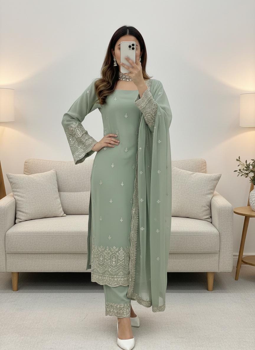 Olive Green Heavy Faux Georgette Embroidered Sequence Work Suit Set with Dupatta - pakistani suit for women's eid outfit