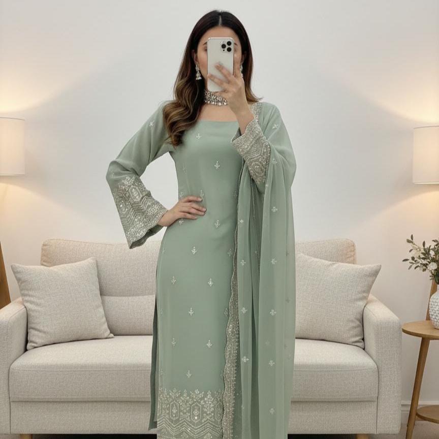 Olive Green Heavy Faux Georgette Embroidered Sequence Work Suit Set with Dupatta - pakistani suit for women's eid outfit