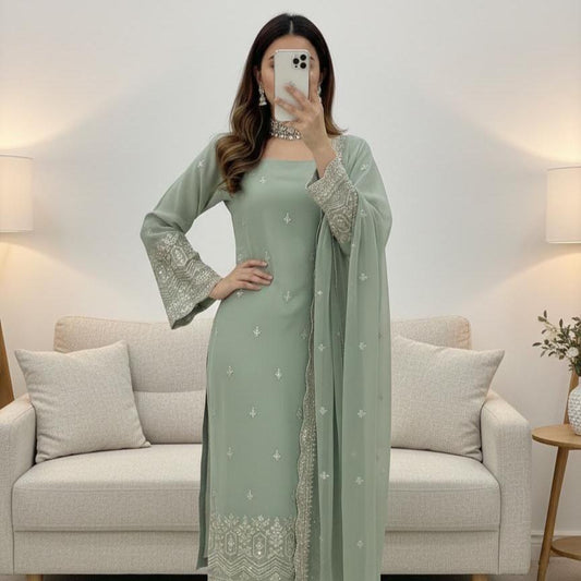 Olive Green Heavy Faux Georgette Embroidered Sequence Work Suit Set with Dupatta - pakistani suit for women's eid outfit
