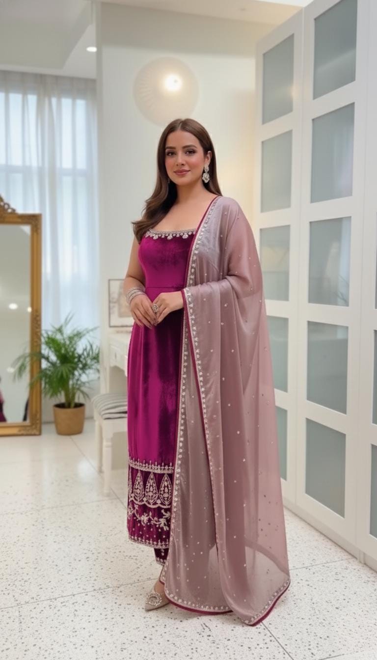 Viscose Velvet Hot Purple Suit Set with Embroidered Organza Dupatta - Pakistani Womenswear , Readymade Salwar kameez