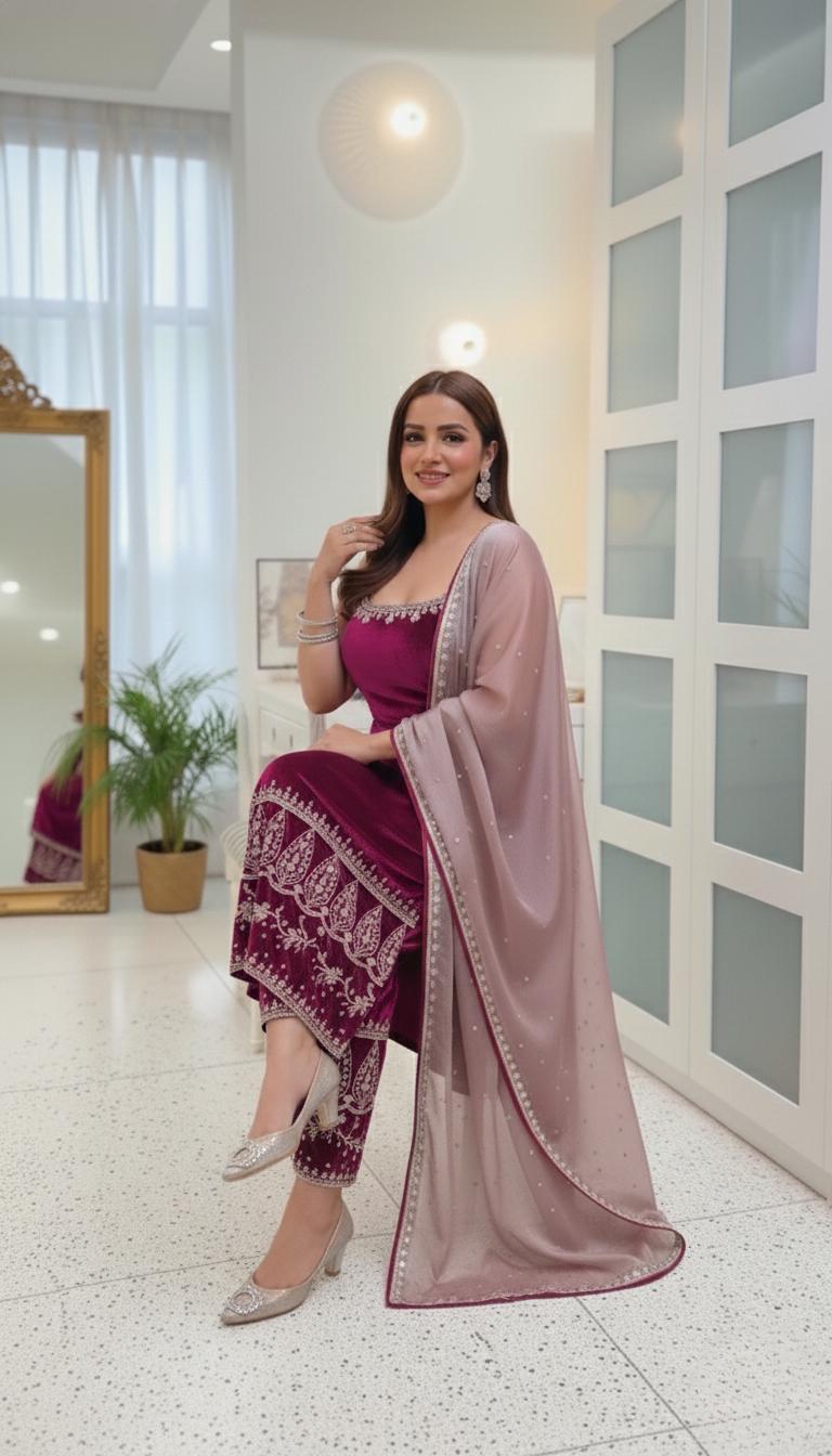 Viscose Velvet Hot Purple Suit Set with Embroidered Organza Dupatta - Pakistani Womenswear , Readymade Salwar kameez