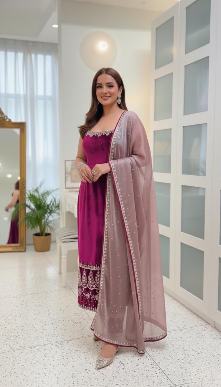 Viscose Velvet Hot Purple Suit Set with Embroidered Organza Dupatta - Pakistani Womenswear , Readymade Salwar kameez