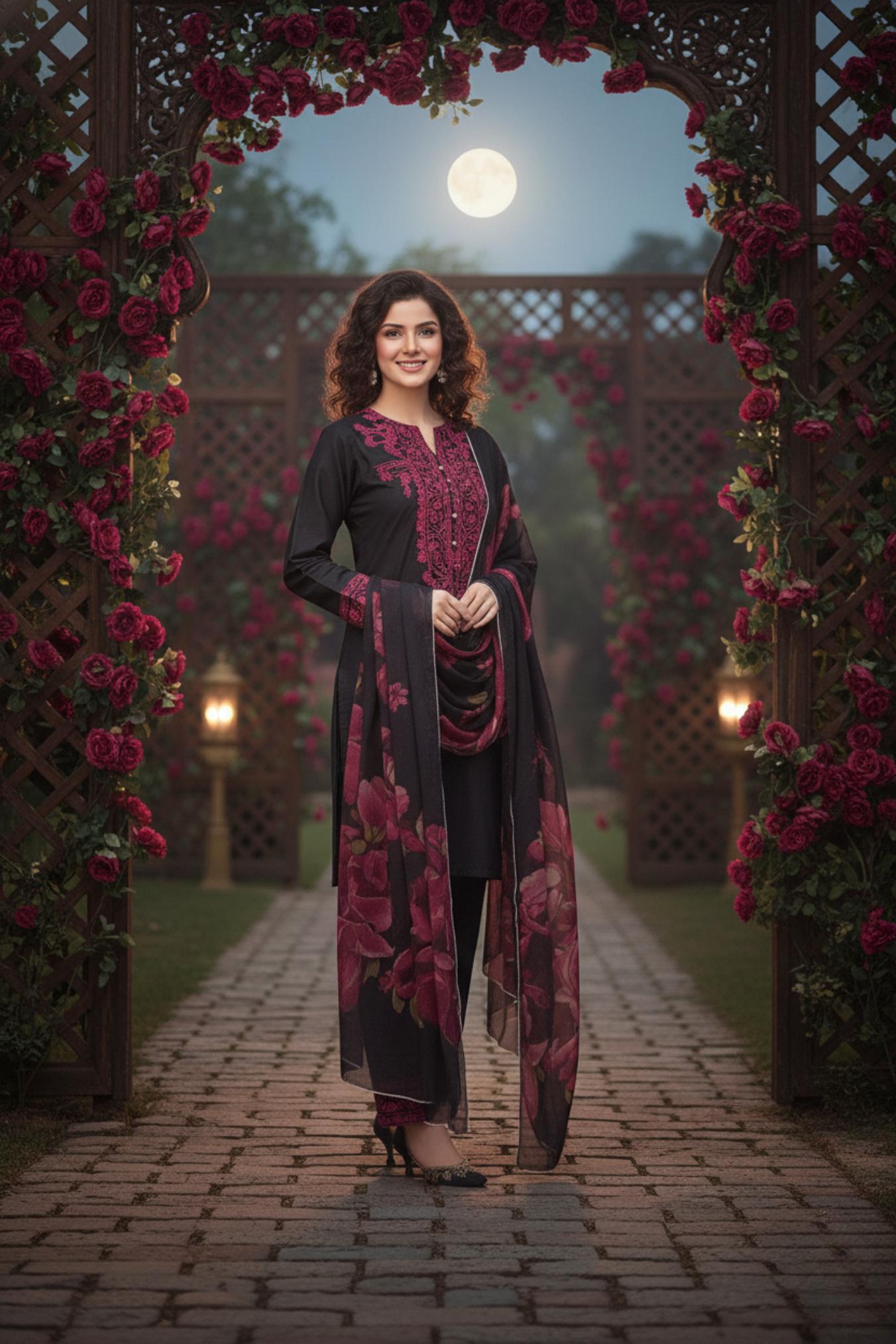 Black Eastern Three Piece Suit – Heavy Embroidery, Roman Silk Set