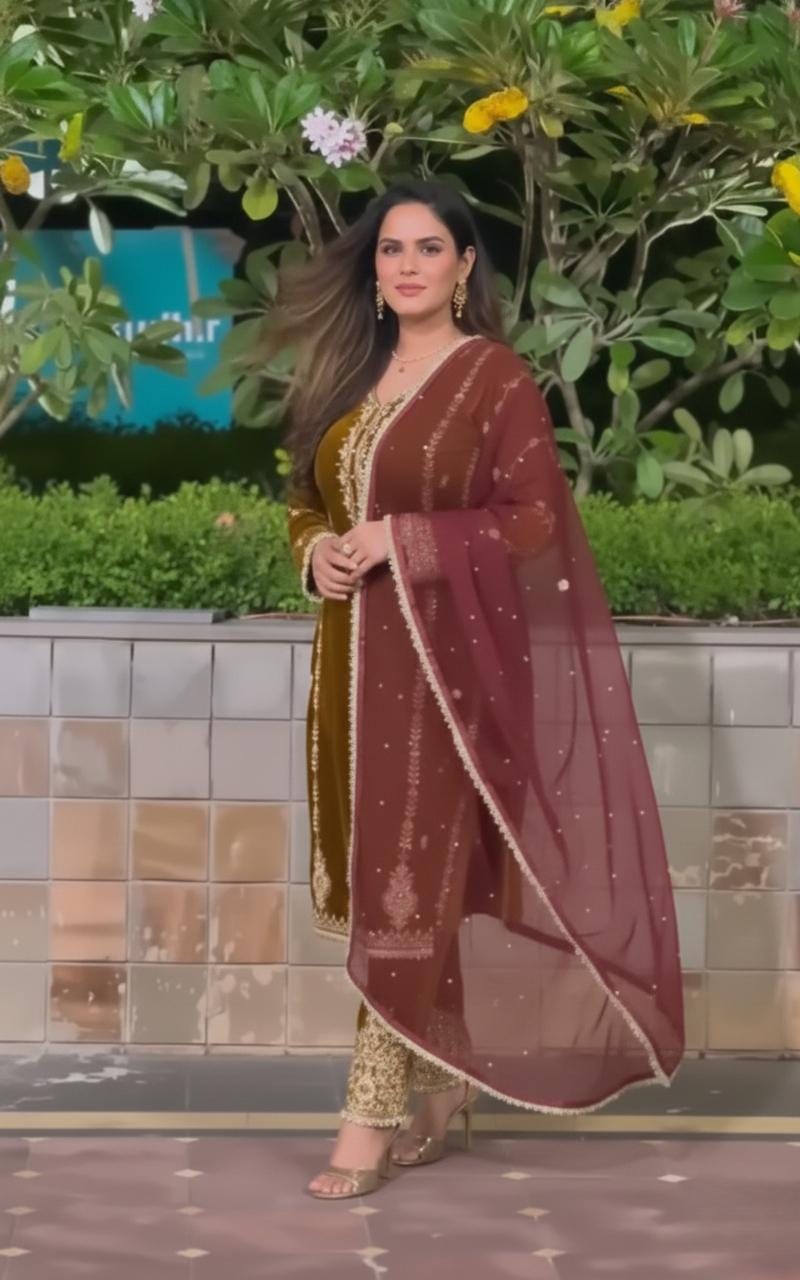 Pakistani Velvet Suit For Women | Viscose Velvet Embroidered with Pearl Work & Net Dupatta
