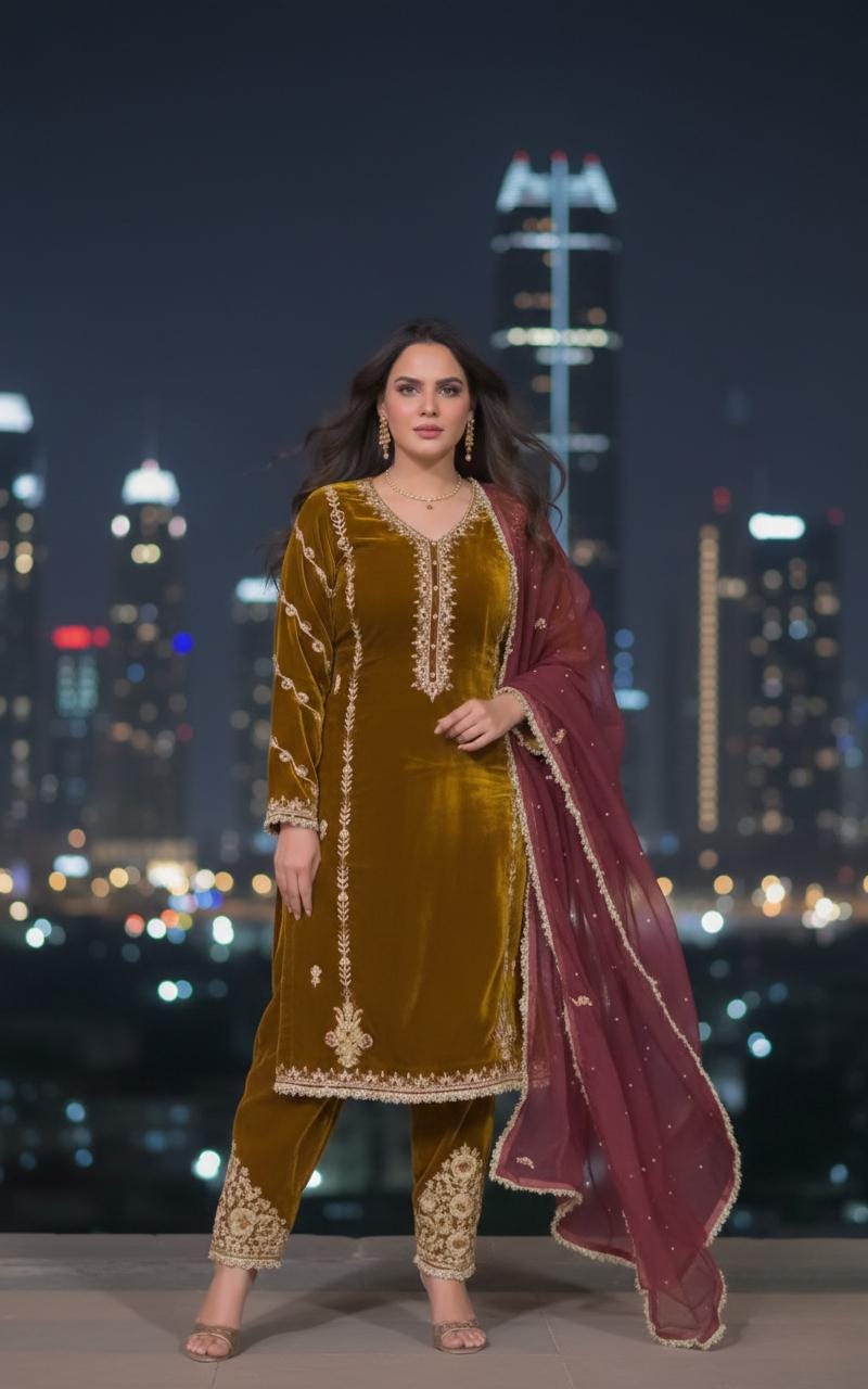 Pakistani Velvet Suit For Women | Viscose Velvet Embroidered with Pearl Work & Net Dupatta