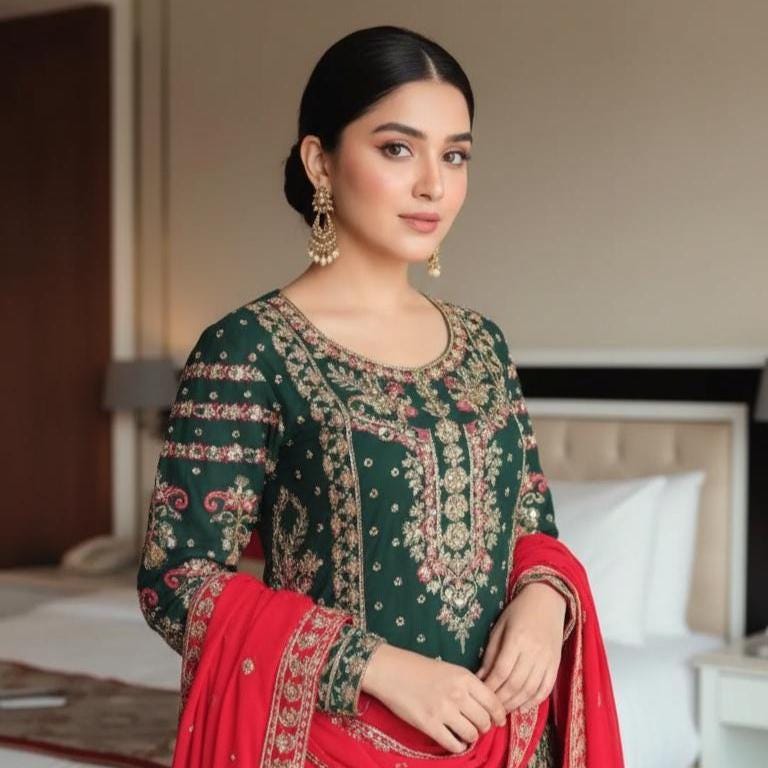 Pure Pakistani Wedding Wear Sharara Suit Set In Faux Georgette and Embroidered Dupatta