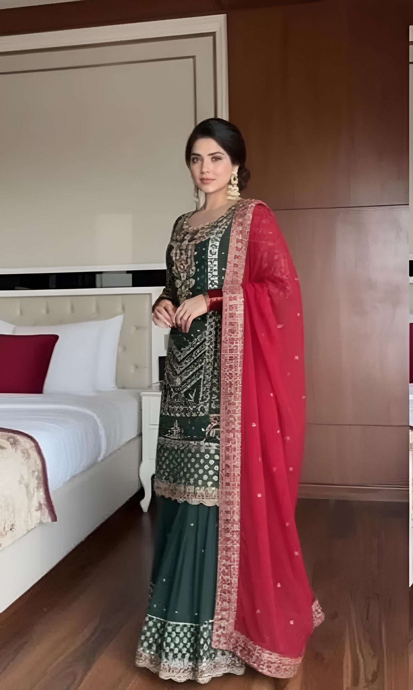 Pure Pakistani Wedding Wear Sharara Suit Set In Faux Georgette and Embroidered Dupatta