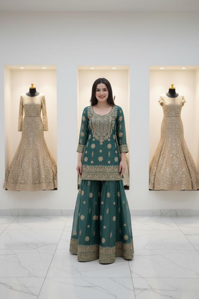 Blue Kurta Set With Flared Palazzo Pant For Women - Wedding Dress