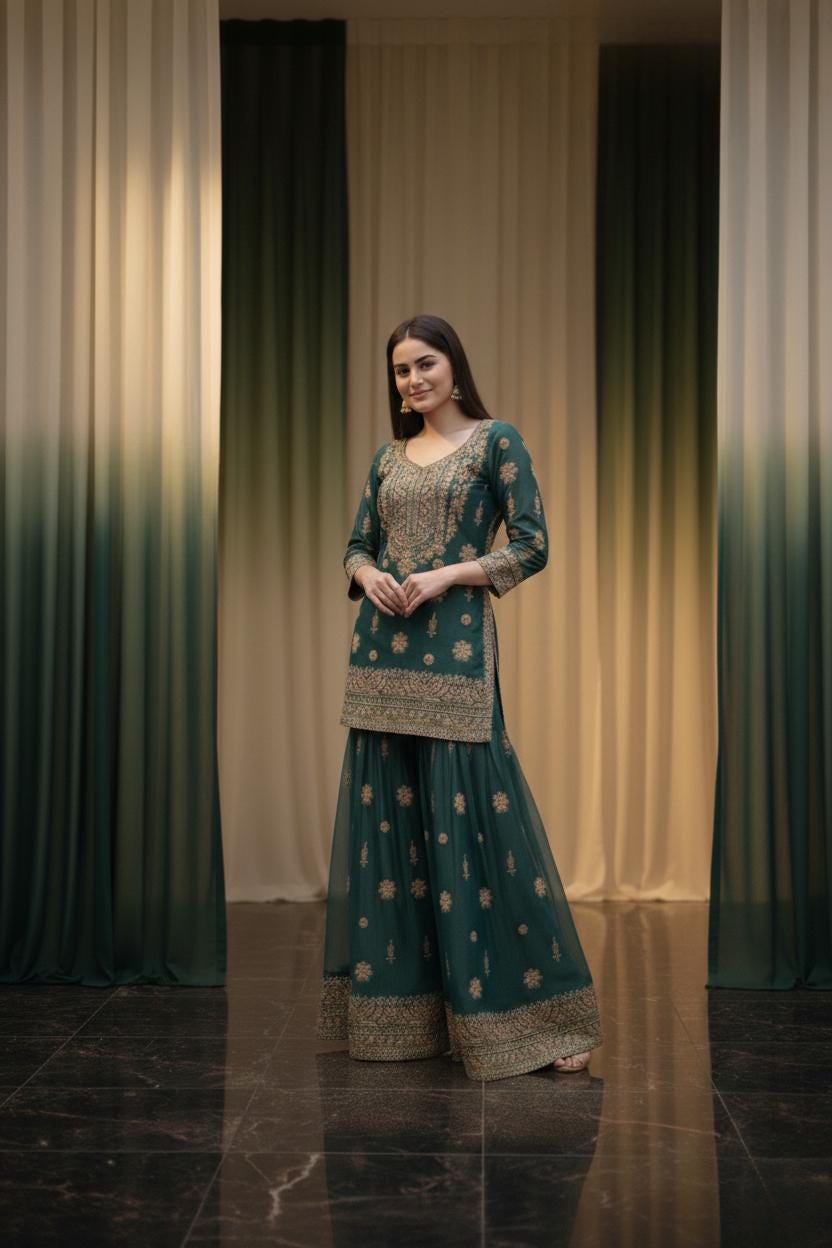 Blue Kurta Set With Flared Palazzo Pant For Women - Wedding Dress