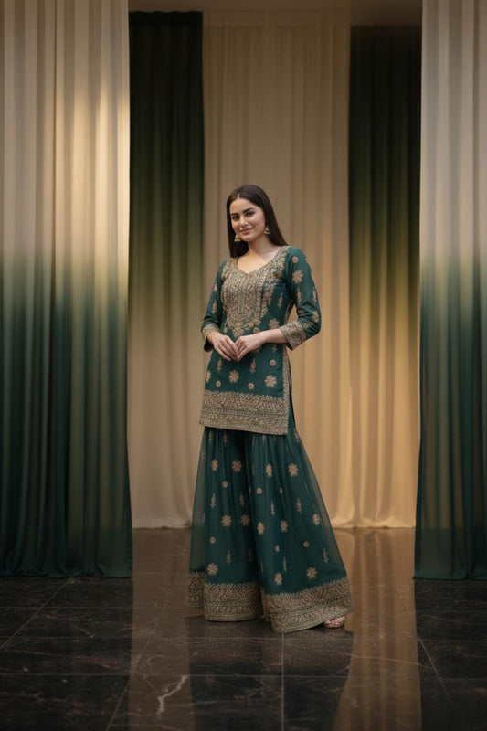 Blue Kurta Set With Flared Palazzo Pant For Women - Wedding Dress