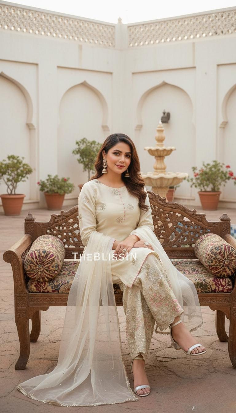 Cream Chinon Silk Embroidered Kurti & Palazzo With Pearl Organza Dupatta, Wedding Guest Outfit
