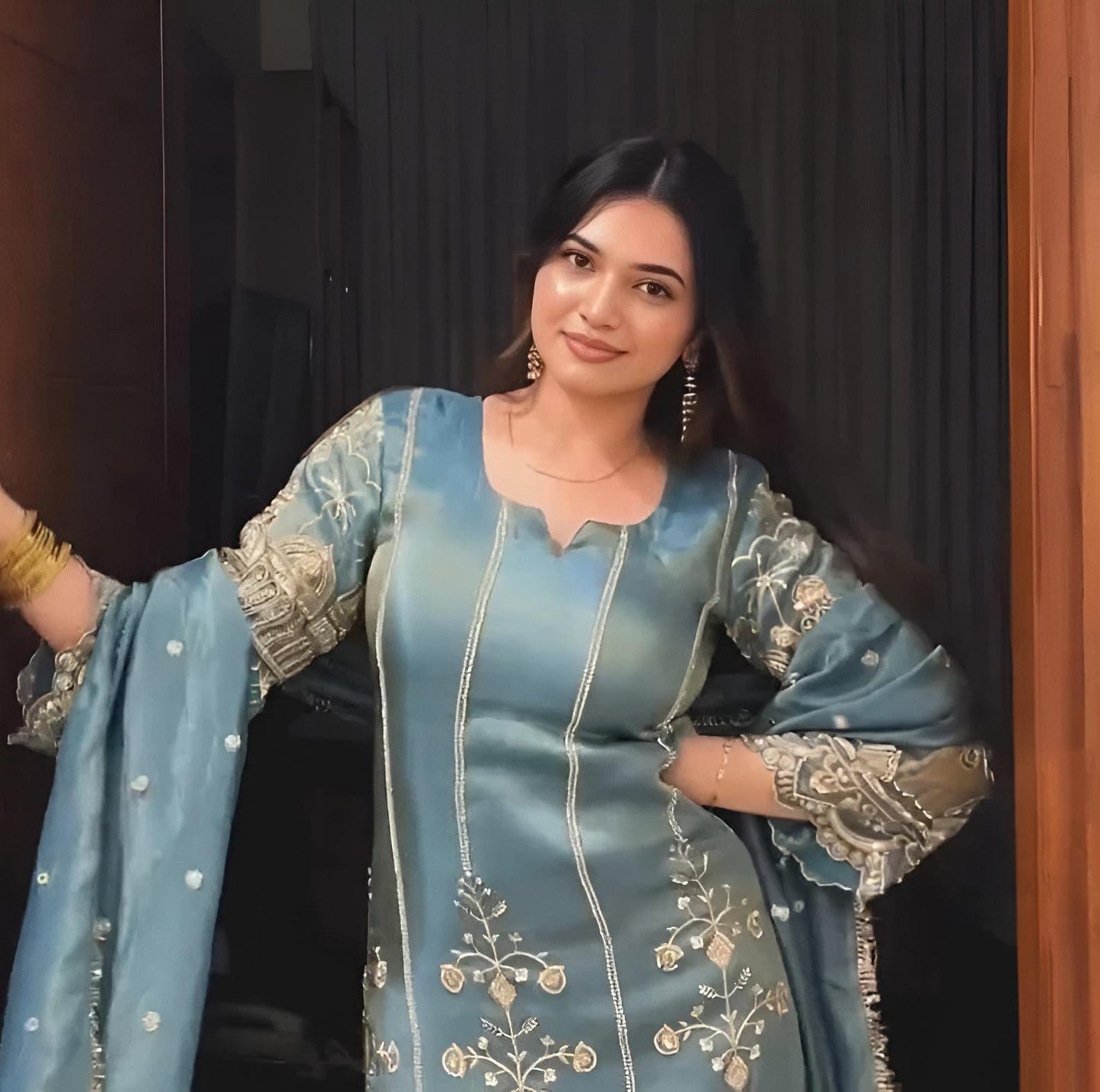 Designer Blue Organza Sequin Salwar Suit 3 Piece Set For Women - Festive Wear