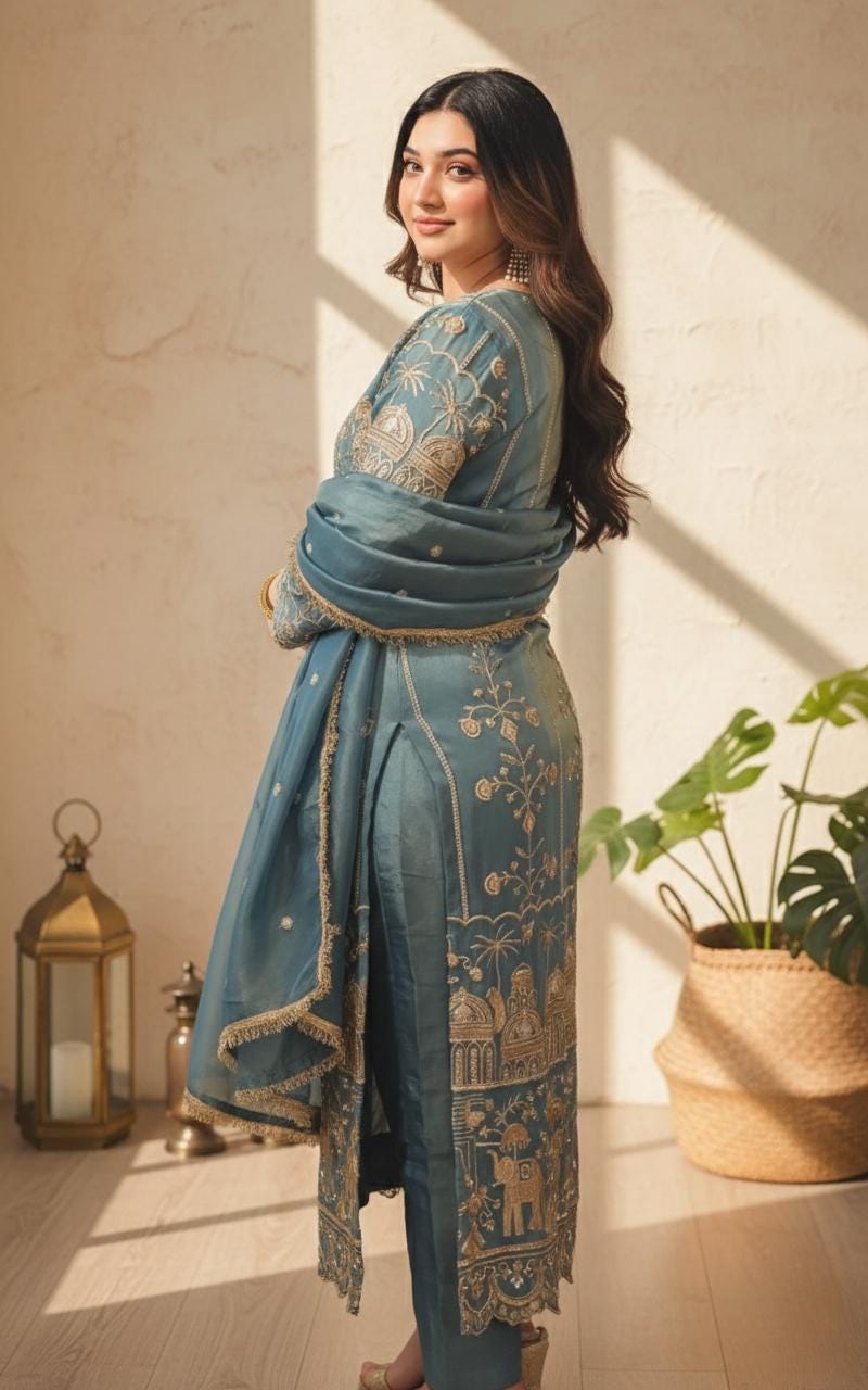 Designer Blue Organza Sequin Salwar Suit 3 Piece Set For Women - Festive Wear