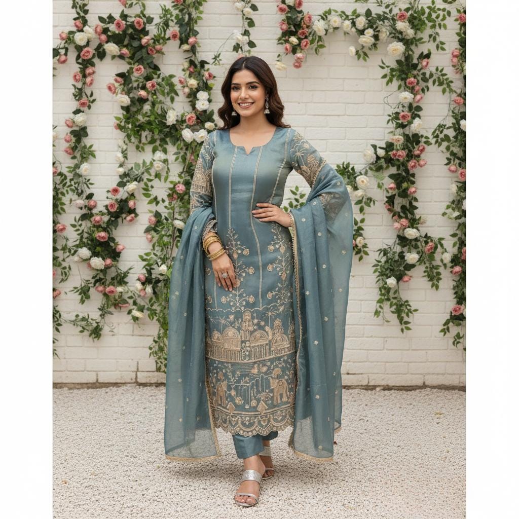 Designer Blue Organza Sequin Salwar Suit 3 Piece Set For Women - Festive Wear