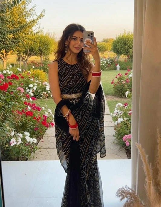 Party Wear Faux Georgette Black Digital Print Suit with Fancy Palazzo Belt and Dupatta