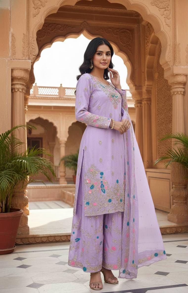 Lavender Top & Palazzo Suit With Floral Embroidery Matching Dupatta