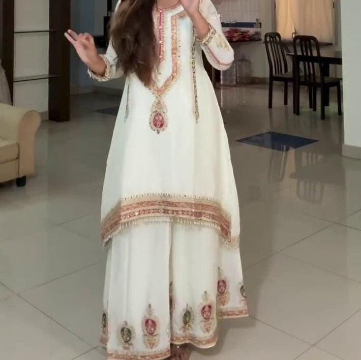 White Chinon Silk Embroidered Kurta Palazzo Set with Dupatta