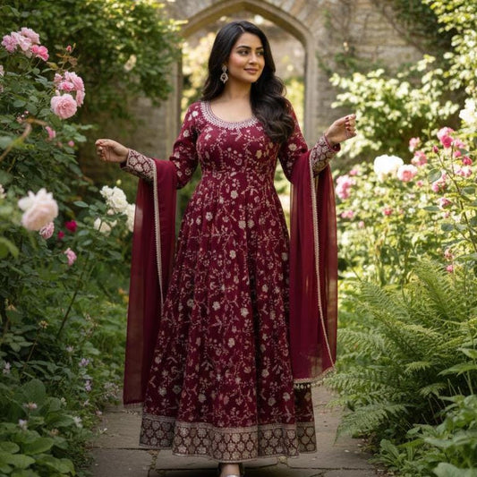 Luxury Sequins Embroidery Anarkali Suit With Dupatta |  Faux Georgette Long Flair Gown Set